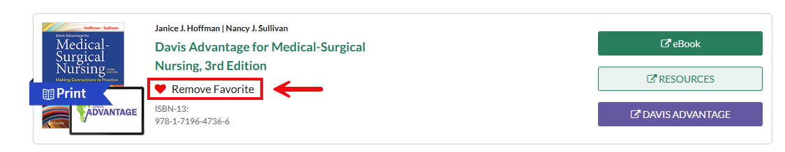 A screenshot of fadavis.com with a red box and arrow highlighting the Remove Favorite option.
