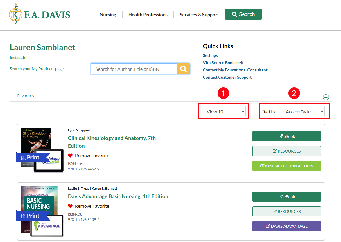 A screenshot of fadavis.com with red boxes and numbers highlighting the View drop-down (1) and the Sort by drop-down (2).
