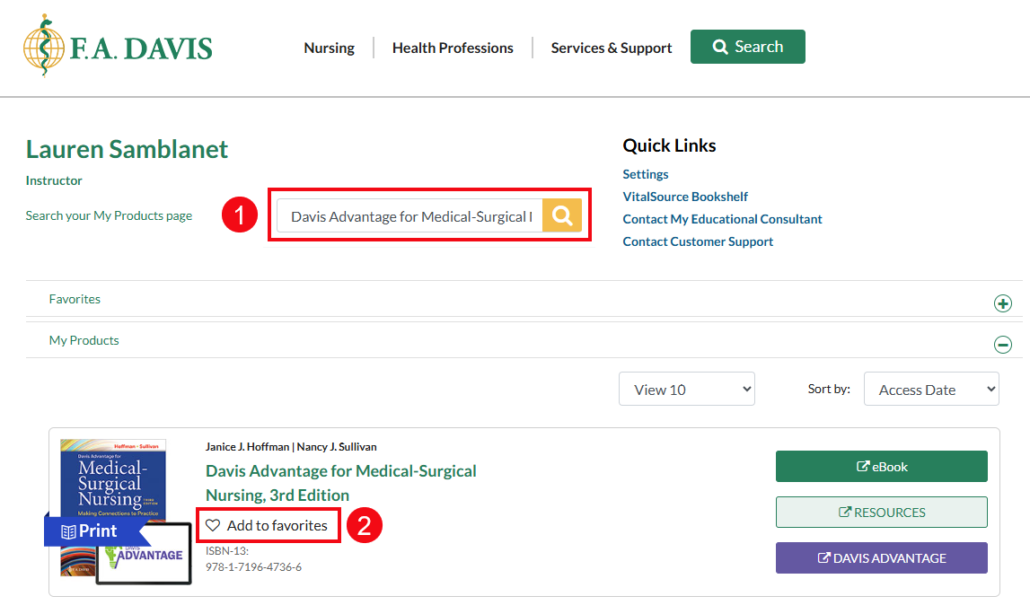 A screenshot of fadavis.com with red boxes and numbers highlighting the search feature (1) and the heart icon (2).
