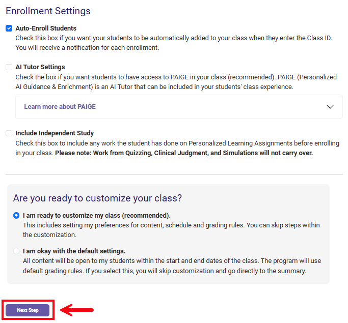 A screenshot of the Class Setup page with a red box and arrow highlighting the Next Step button.