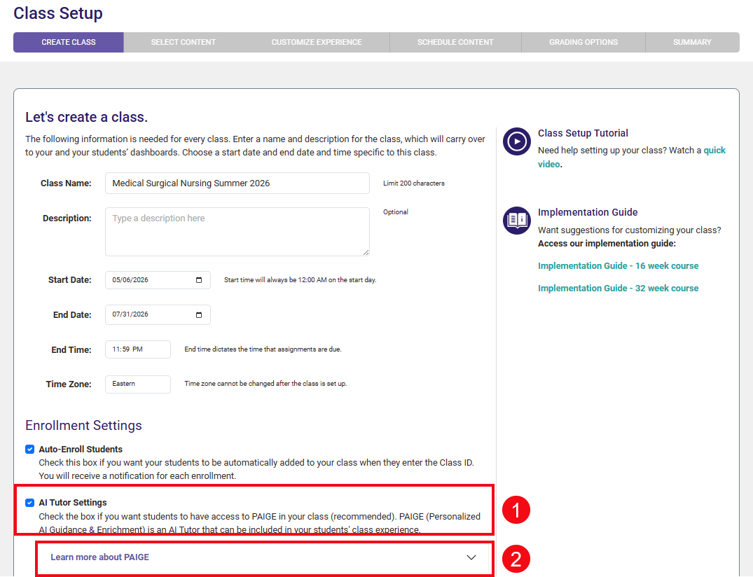 A screenshot of the Create Class page with red boxes and numbers highlighting the AIT Tutor Settings (1) and the Learn more about PAIGE option (2).
