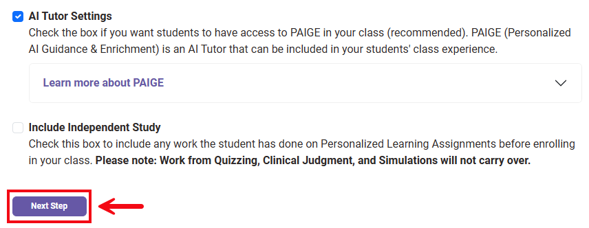 A screenshot of the Class Setup page with a red box and arrow highlighting the Next Step button.