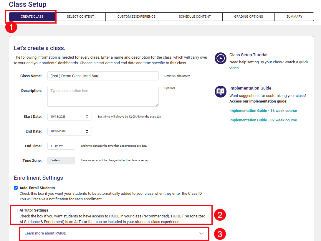 A screenshot of the Class Setup page with red boxes and numbers highlighting the Create Class page (1), the AI Tutor Settings (2) and the Learn more about PAIGE option (3).