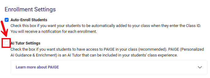 A screenshot of the Create Class page with a red box and arrow highlighting the checkbox to disable or enable the AI Tutor.