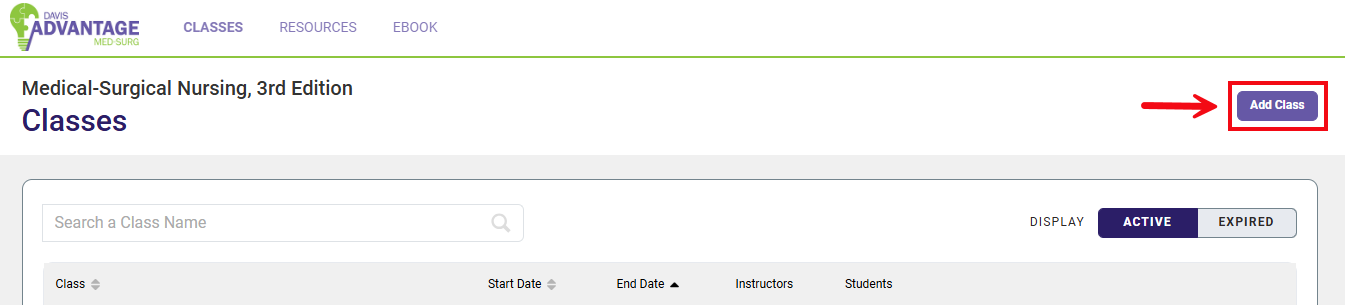 A screenshot of the Classes page with a red box and arrow highlighting the Add Class button.