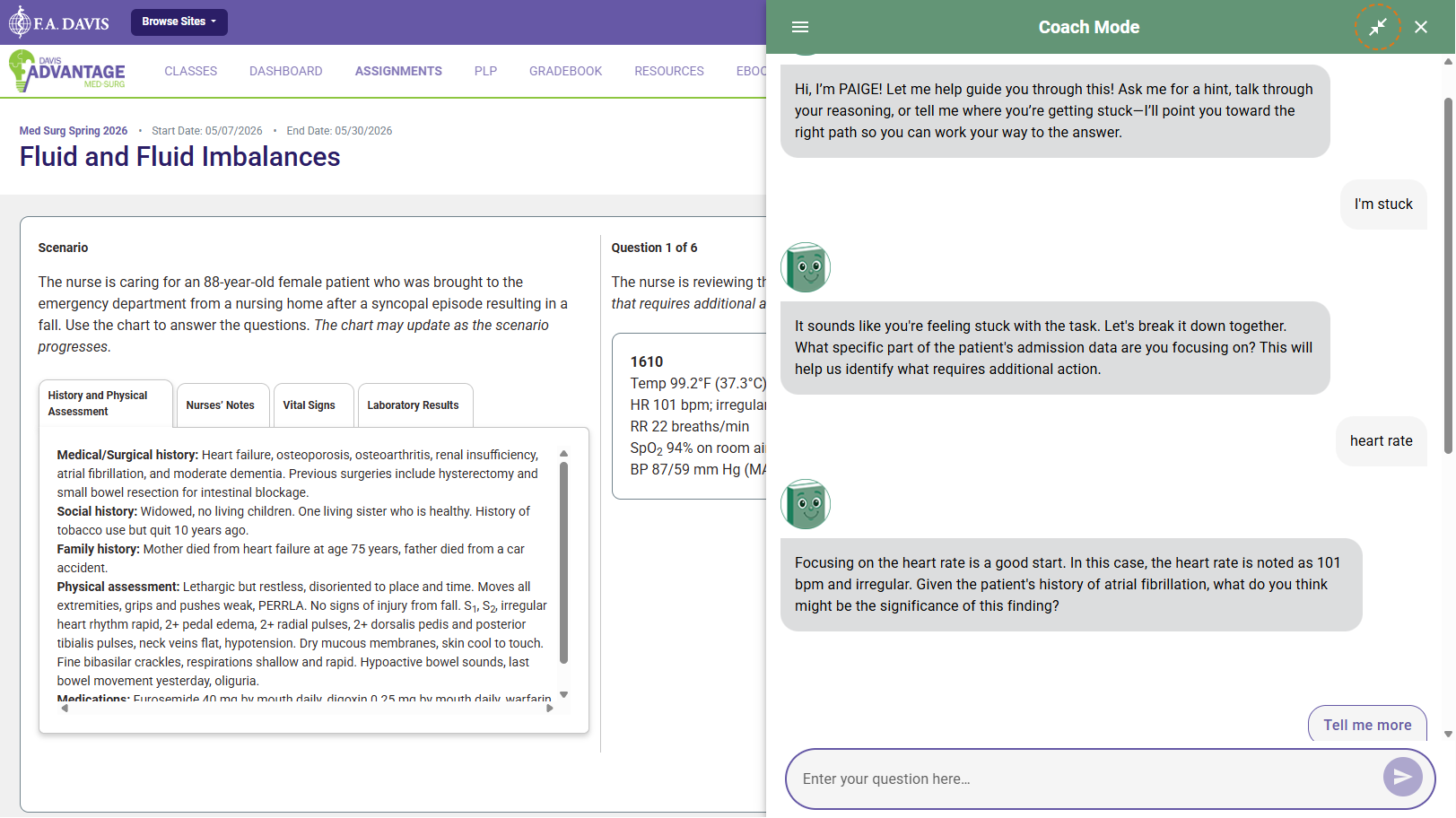 A screenshot of PAIGE showing how Coach Mode prompts students with questions.