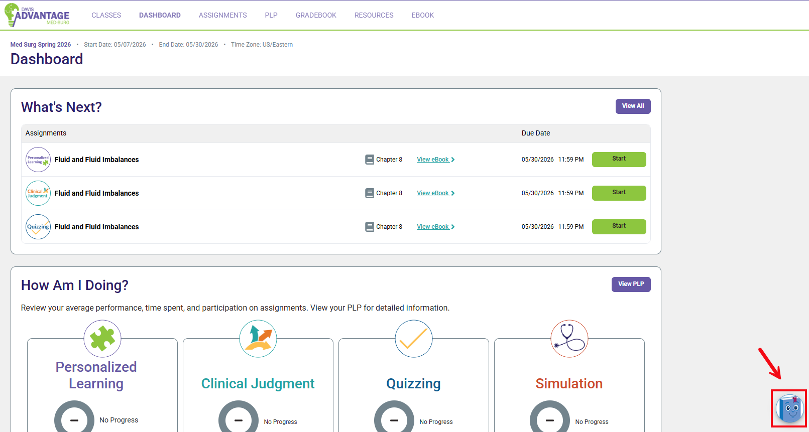 A screenshot of Davis Advantage with a red box and arrow highlighting the PAIGE chat box at the bottom right.