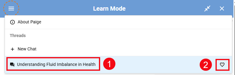 A screenshot of PAIGE with red boxes and numbers showing the chat history (1) and the heart icon (2).