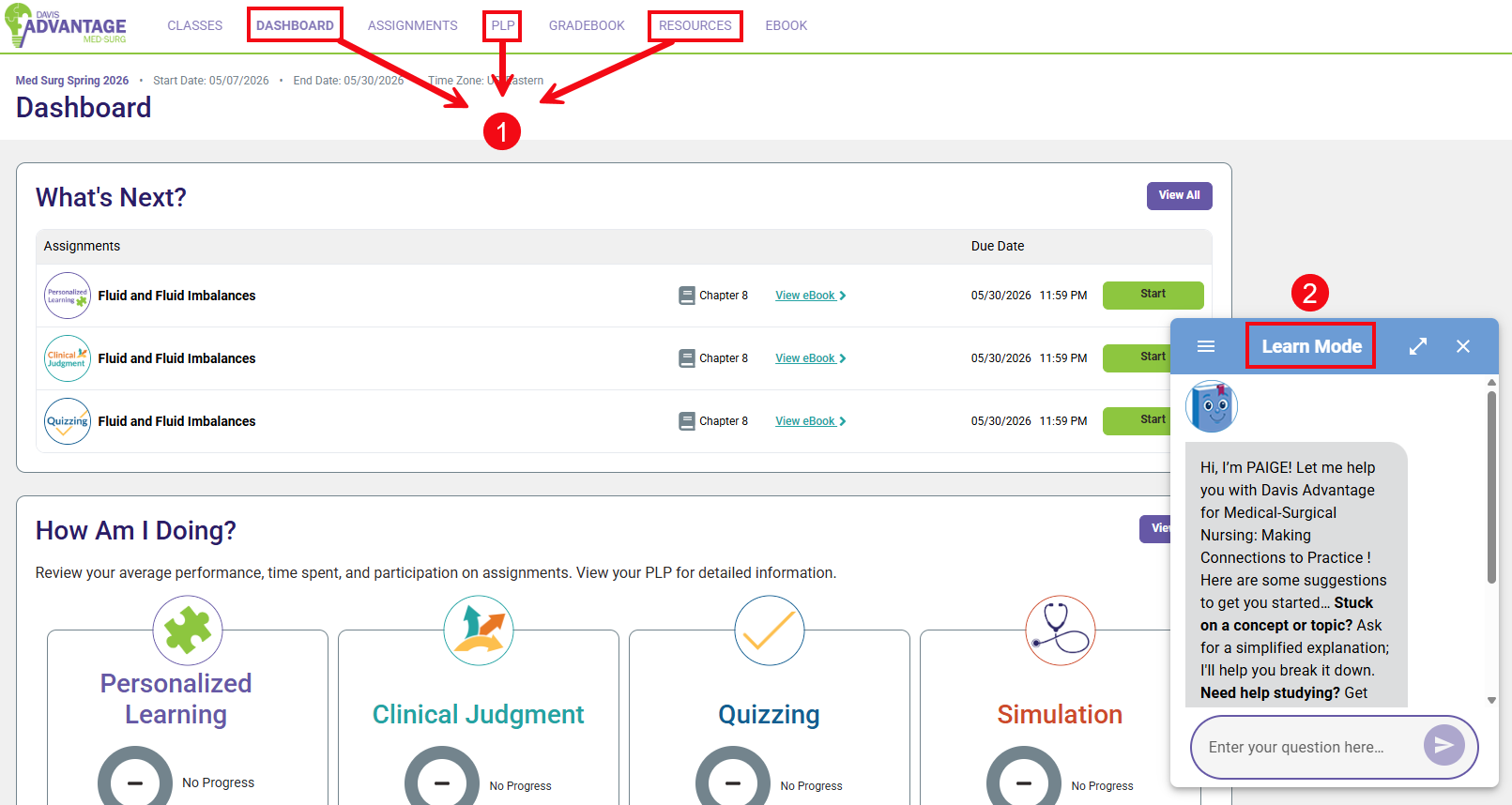 A screenshot of Davis Advantage with red boxes and numbers highlighting the Dashboard, PLP and Resources tabs (1) and Learn Mode in PAIGE (2).