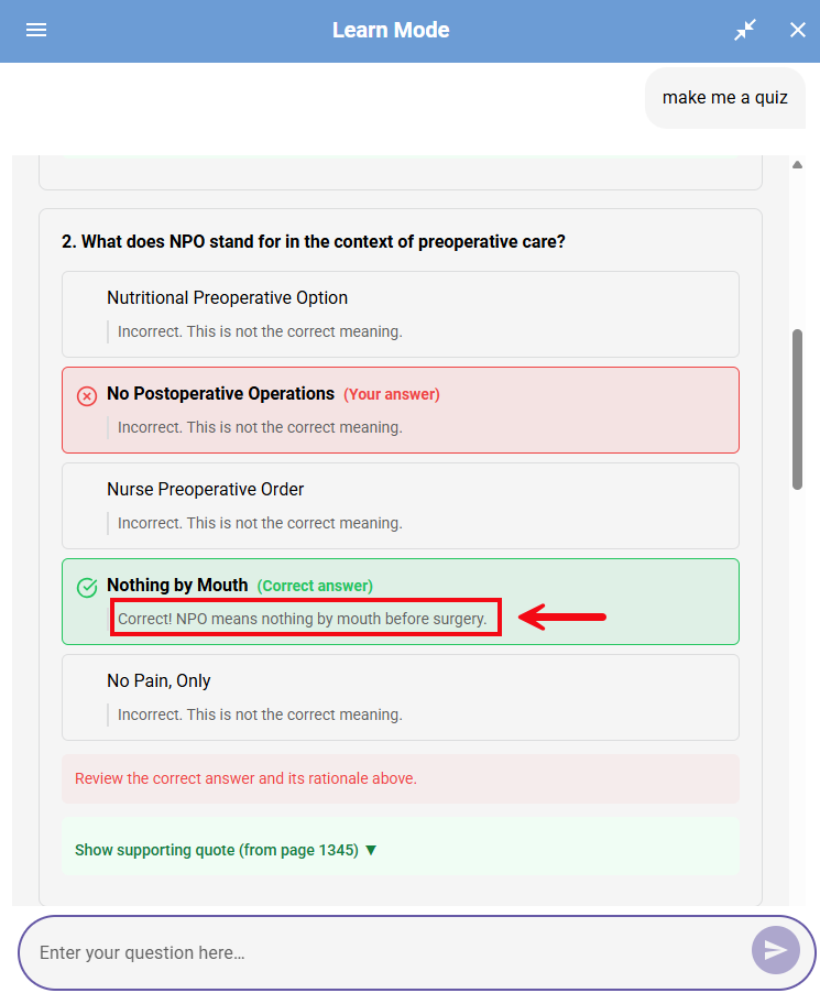 A screenshot of a practice quiz in PAIGE with a red box and arrowing highlighting the rationale.