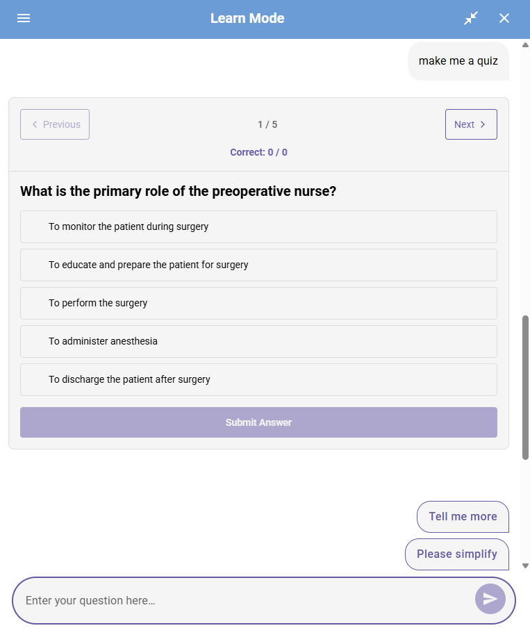 A screenshot of PAIGE showing a created practice quiz.