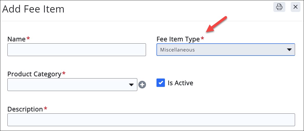 Add fee item dialog box