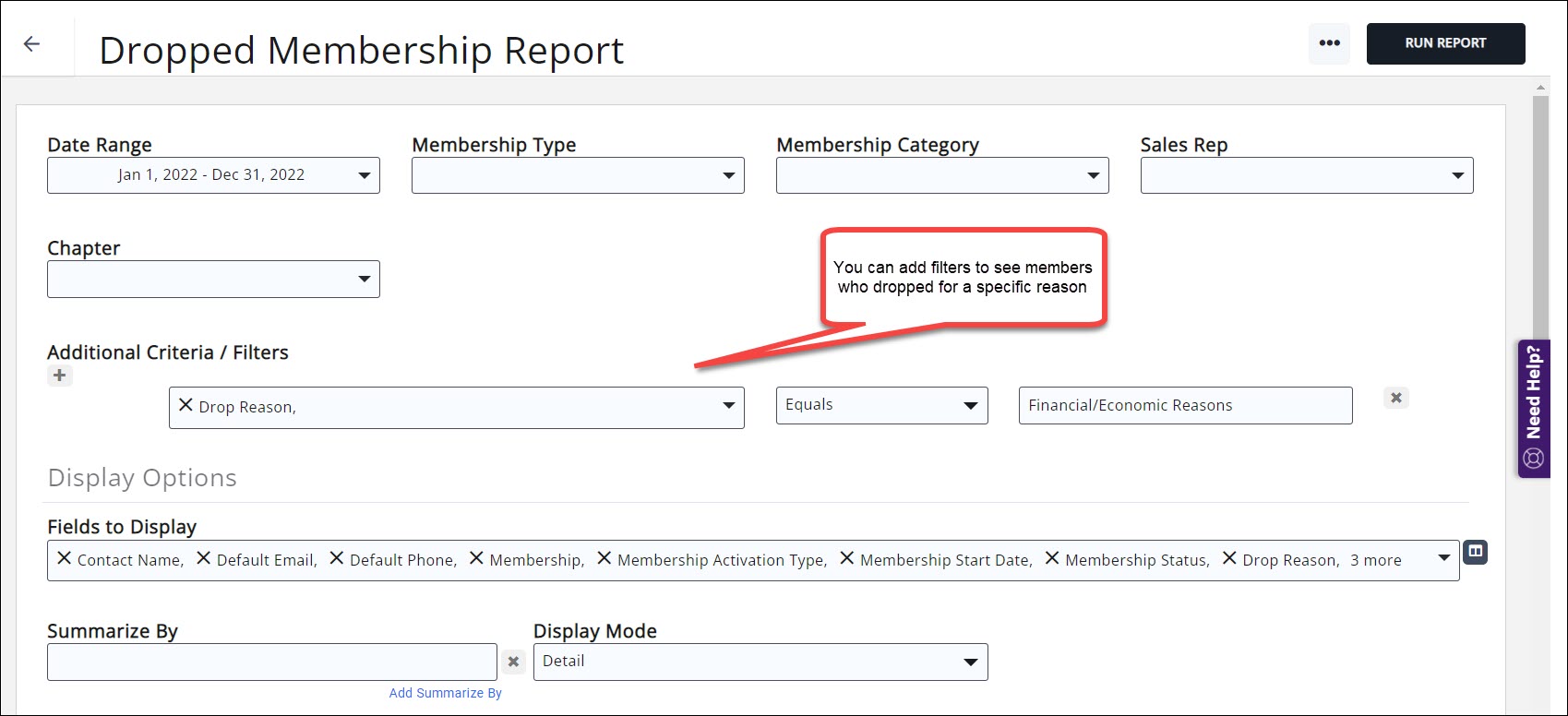 Dropped Membership Report with Drop reason filter selected