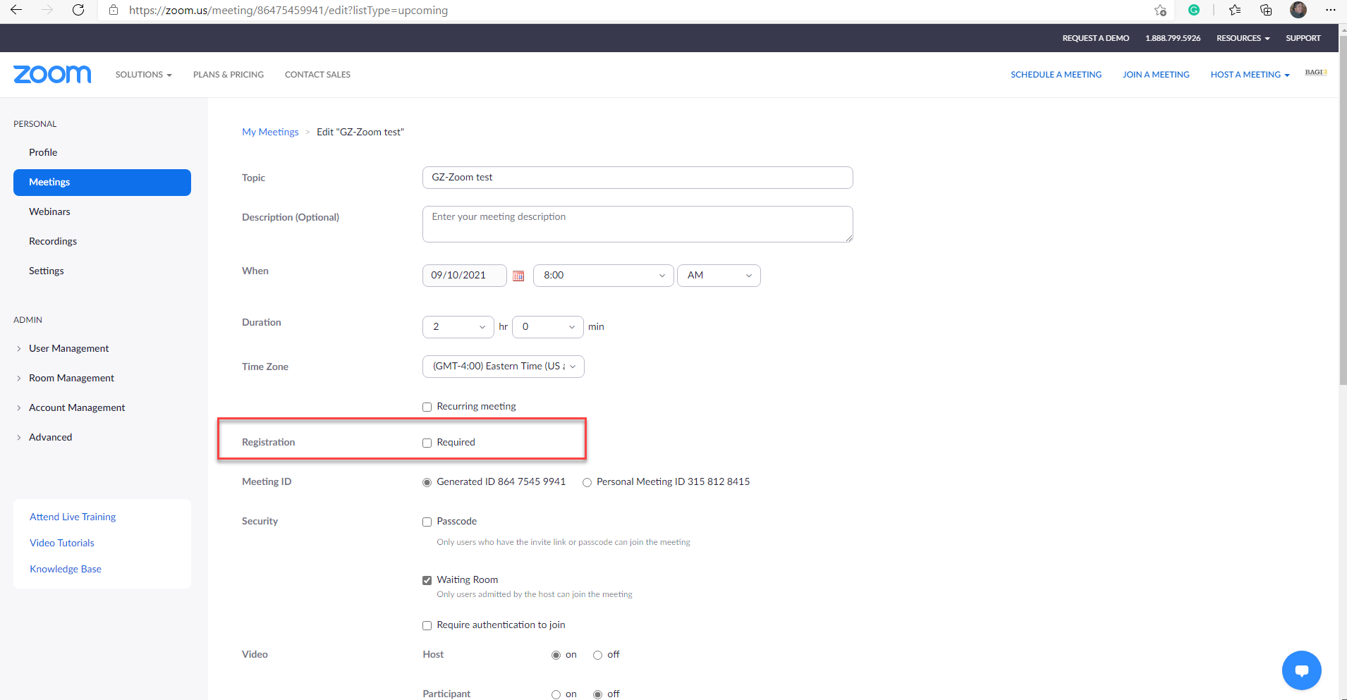 screenshot of Zoom settings
