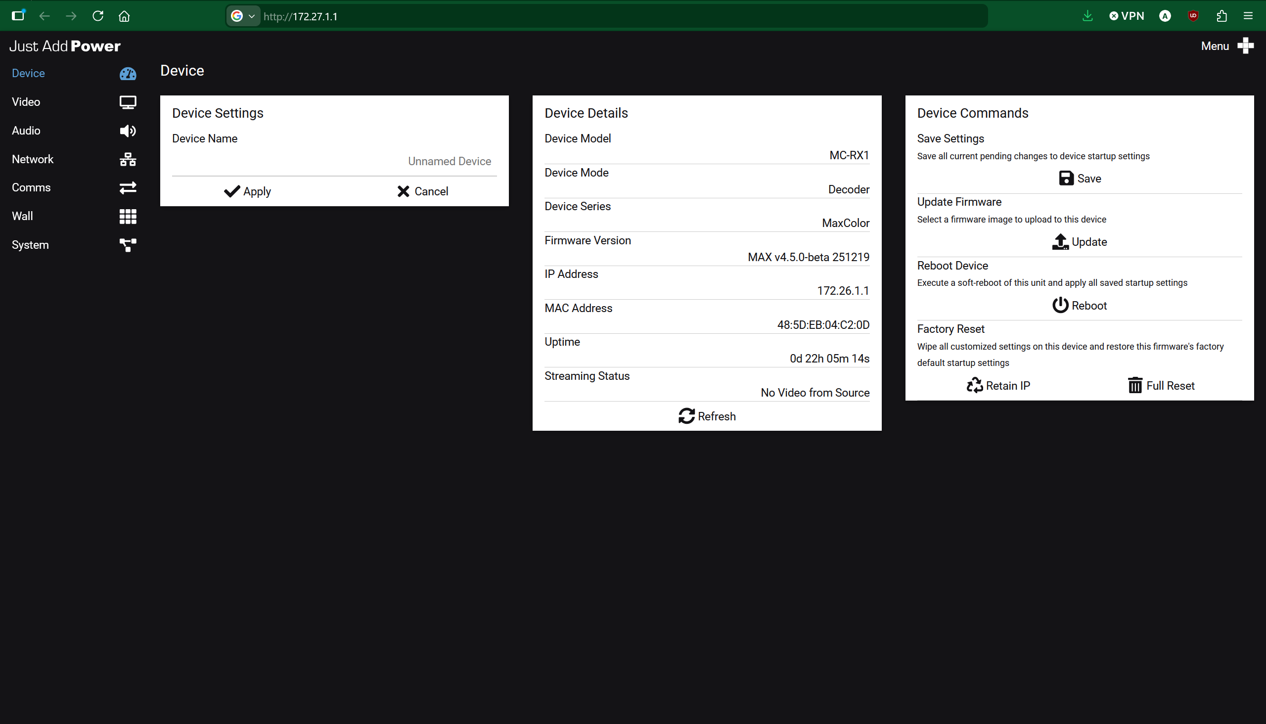 Enter device IP in browser address bar