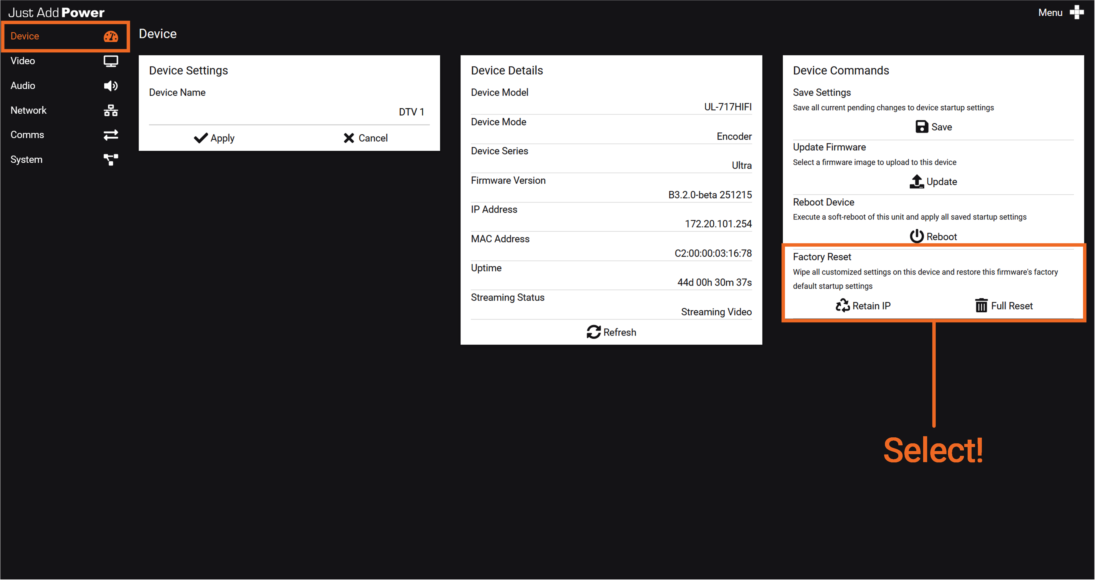 webUI Reset Screen