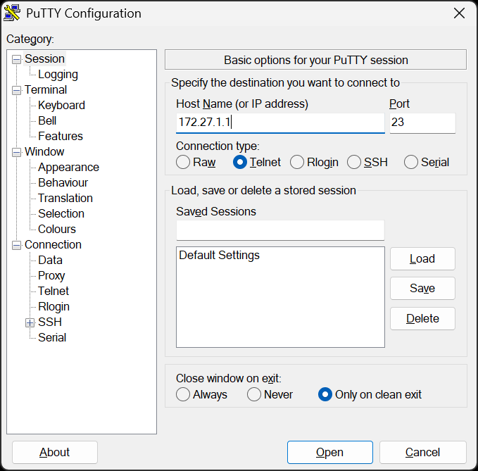 PuTTY Telnet Session