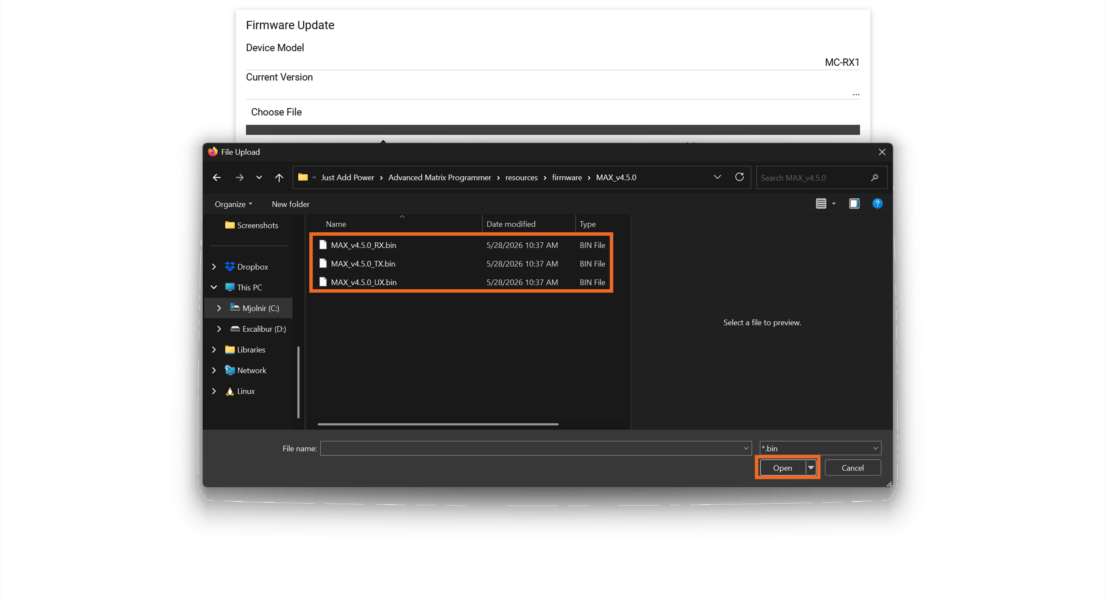 Select firmware file