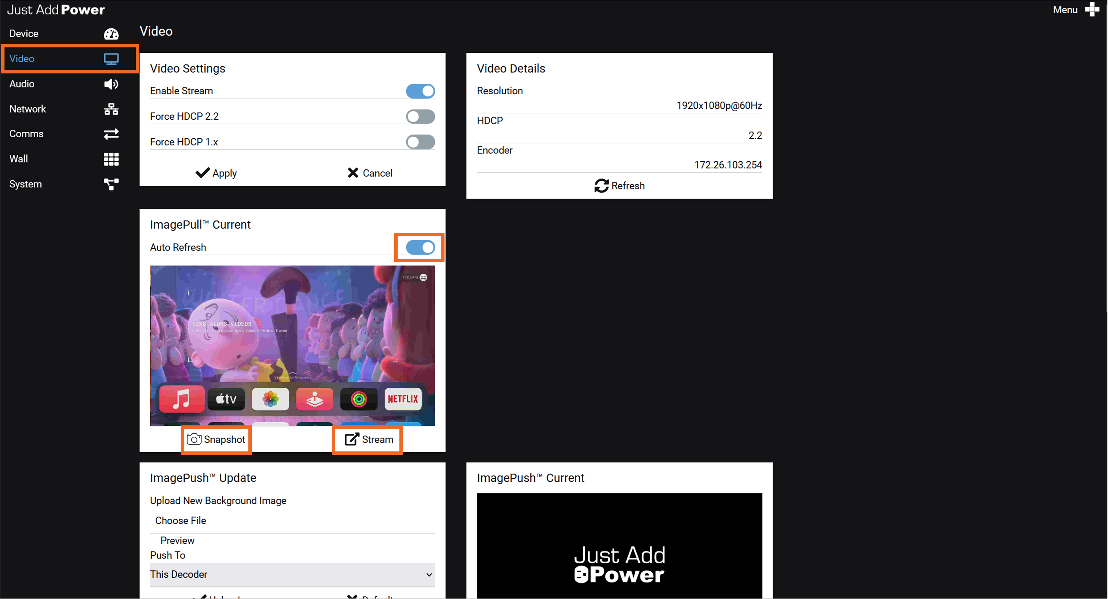 MaxColor Series Image Pull snapshot and stream controls in the webUI