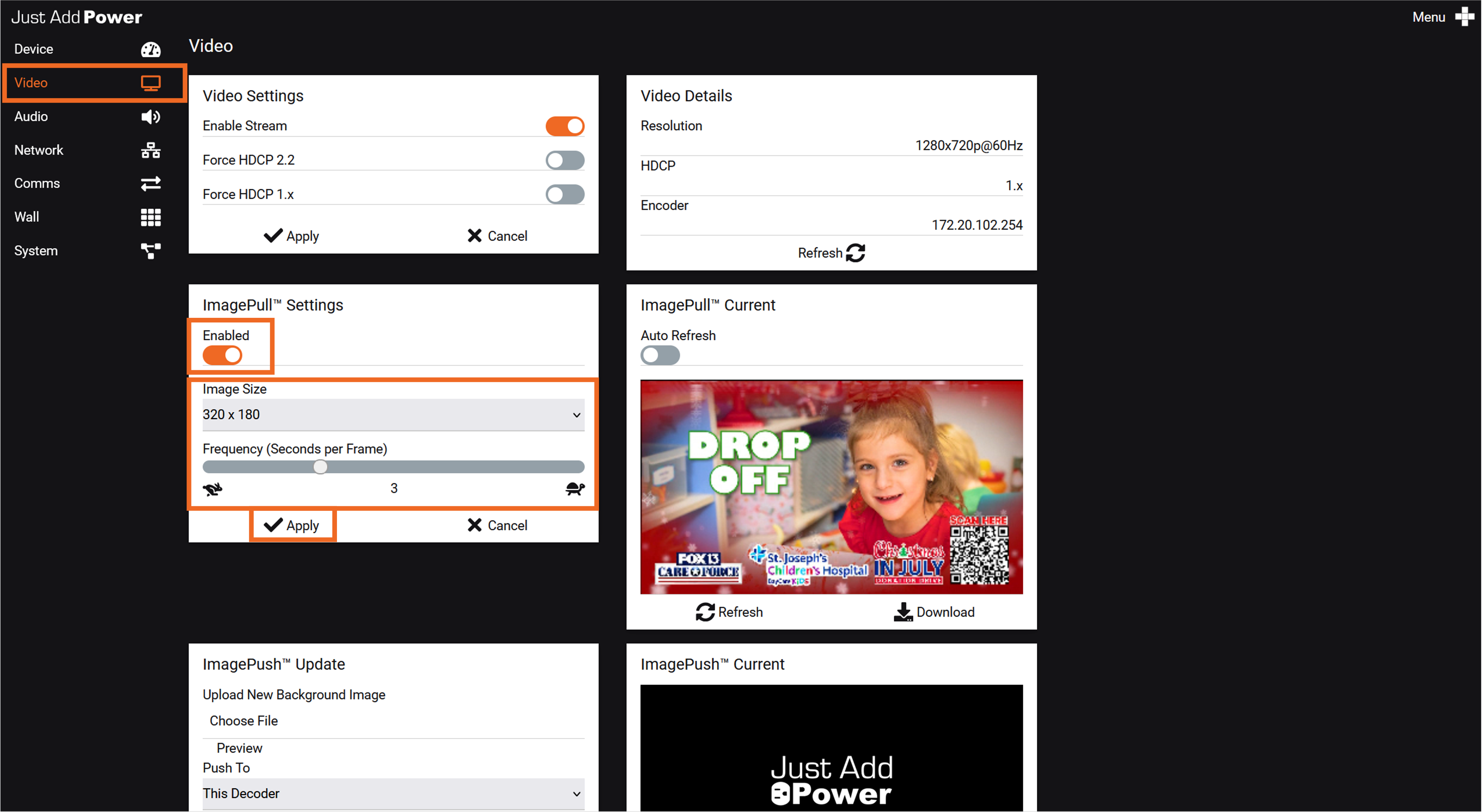 Omega and Ultra Series Image Pull settings and preview in the webUI