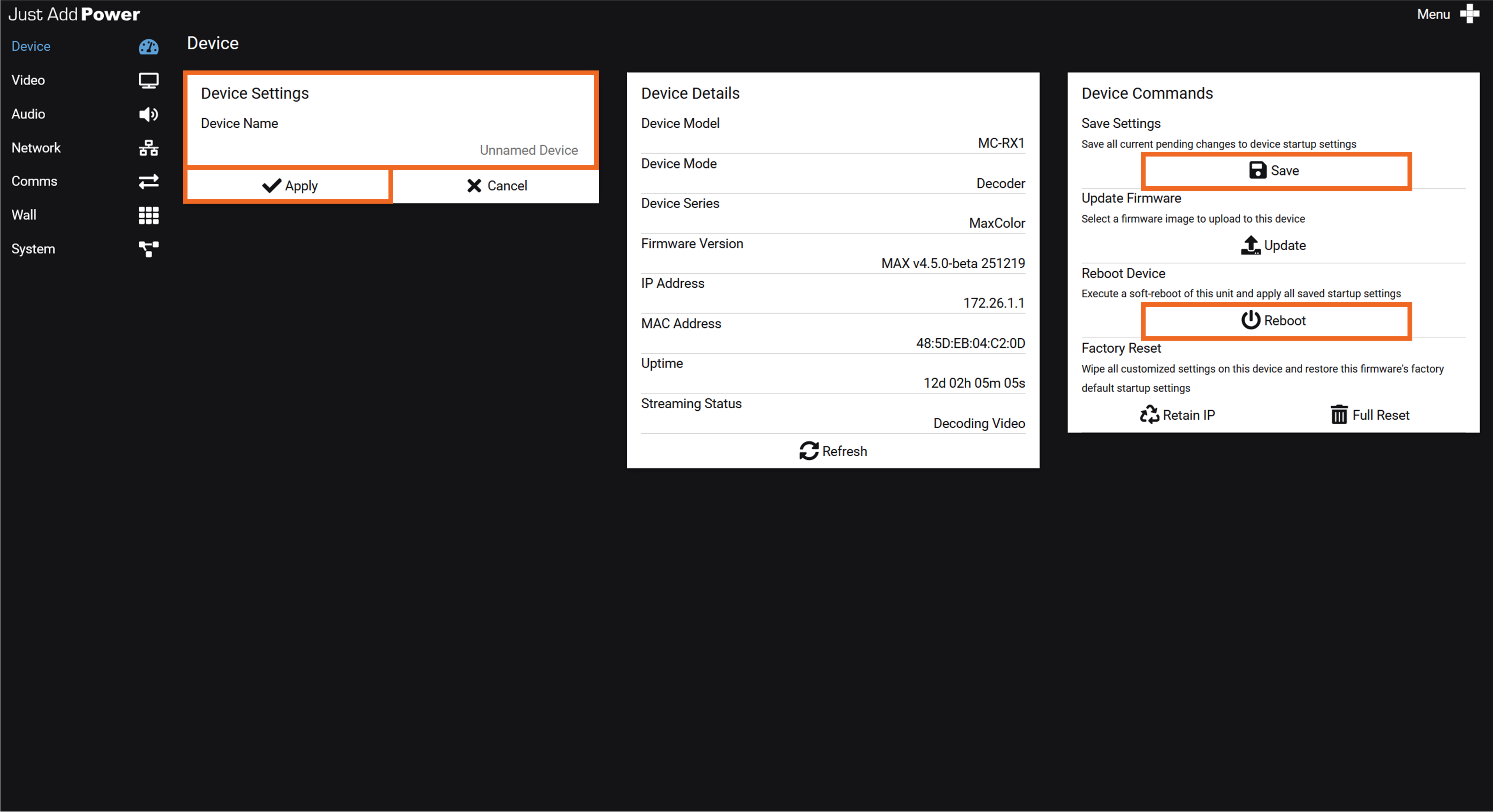 Set the Device Name in the webUI Device Name setting in the Omega, Ultra, and MaxColor Series webUI