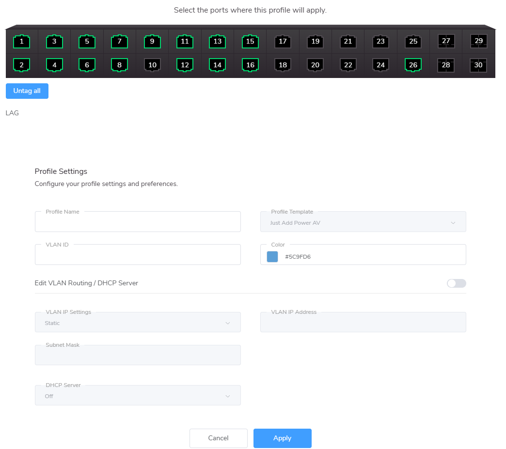 Port and VLAN settings for the Just Add Power AV profile in the Netgear switch webUI
