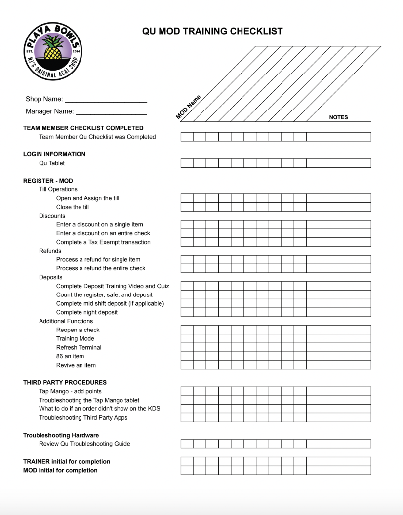 Ojt Checklist.pdf Qu POS - OJT Checklist MOD - Playa Bowls Support