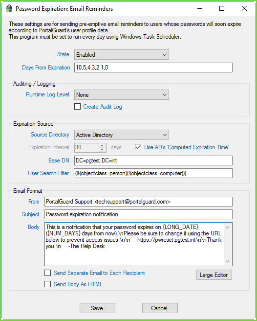 PortalGuard Email Reminders - Settings PortalGuard Email Reminders - Settings