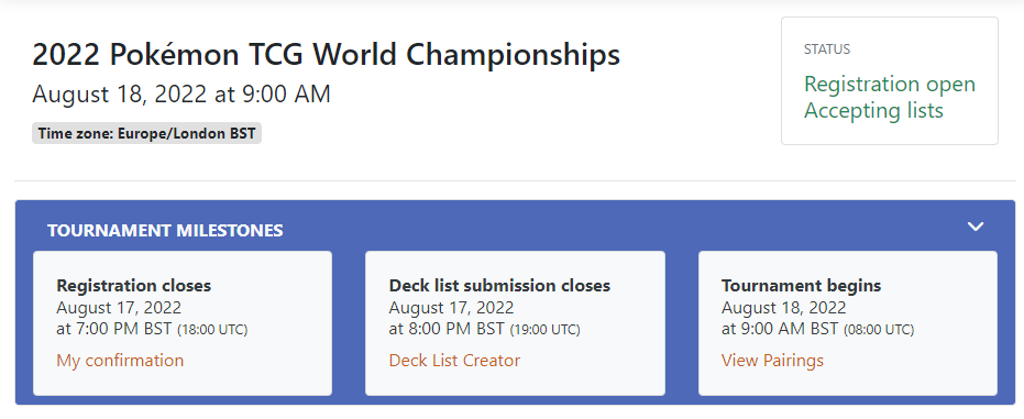 A sample tournament dashboard showing the tournament milestones section. This includes information on registration close, deck list submission deadline and also the tournament start time.