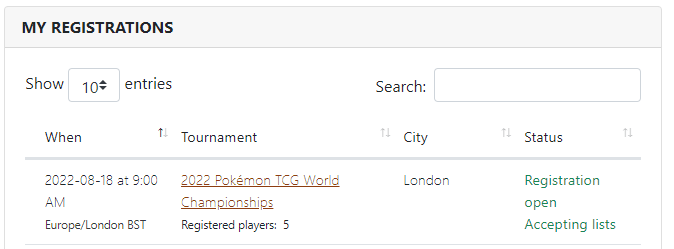 Screenshot of "My Registrations" section showing an example tournament