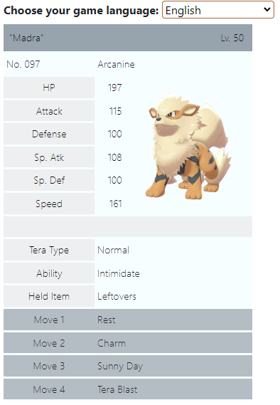 an example of an Arcanine entered into the Pokémon creator