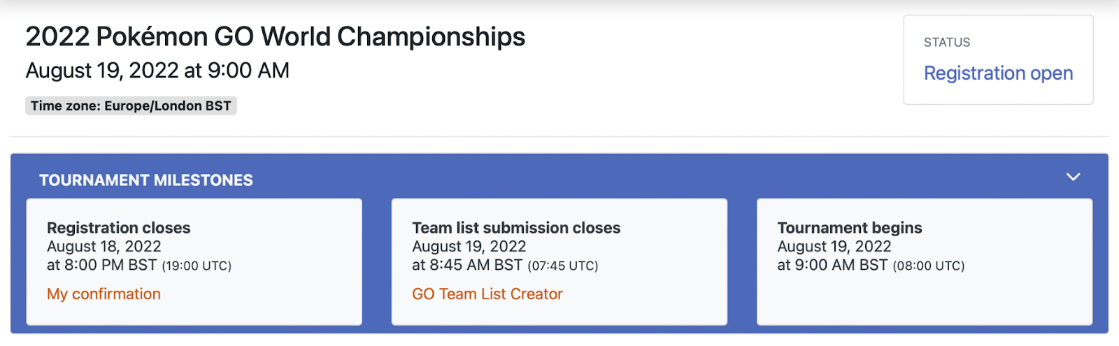 screenshot of tournament milestones in tournament dashboard. this section shows the time that team list submission closes.