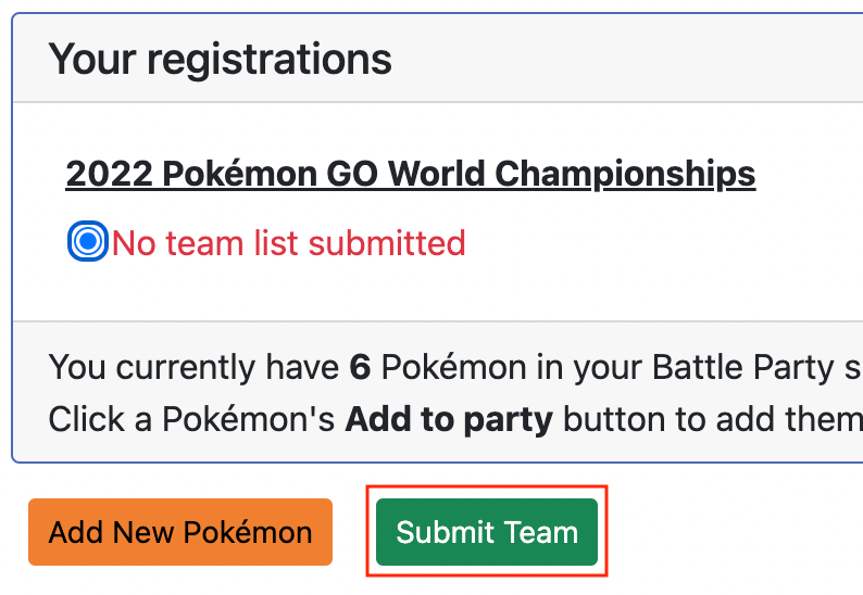 an image highlighting a tournament registration with no list submitted and the submit team button