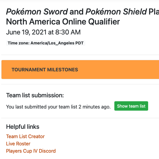 the tournament milestones section, showing that you can select "show team list" to see your current submitted list