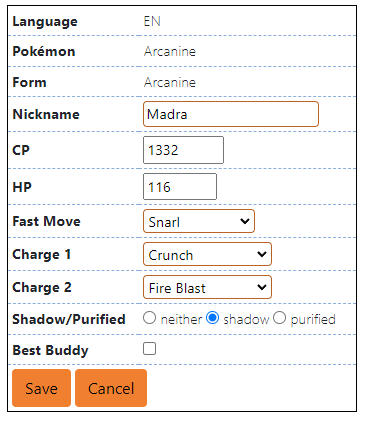 a sample arcanine being added to a users RK9 profile