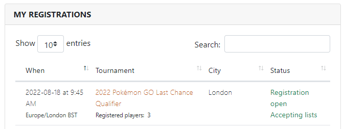 a screenshot of RK9.gg/player showing the my registrations section with a sample tournament