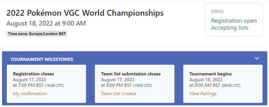 screenshot of tournament milestones in tournament dashboard. this section shows the time that team list submission closes.