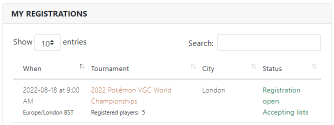 a screenshot of RK9.gg/player showing the my registrations section with a sample tournament