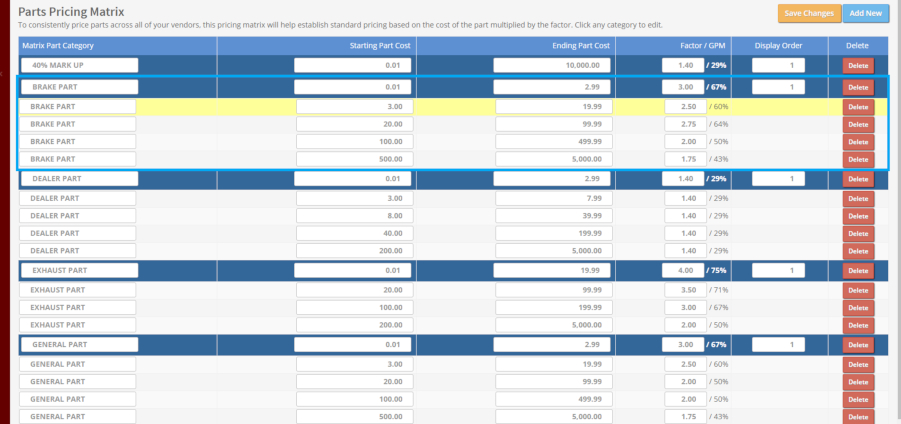 How do I set up the Parts Price Matrix? - Shop Boss Support