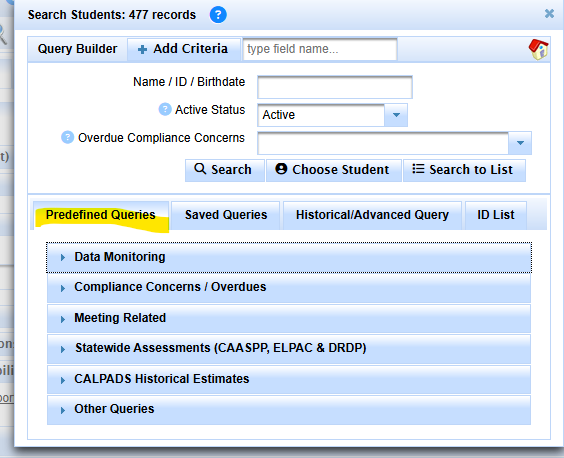 Search dialog with the Predefined Queries area available below Query Builder