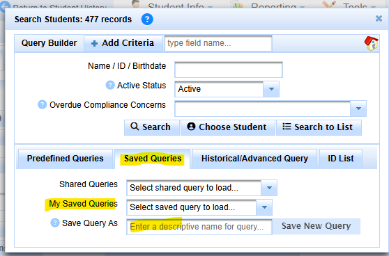 Search dialog with the Saved Queries area used to load or maintain reusable queries