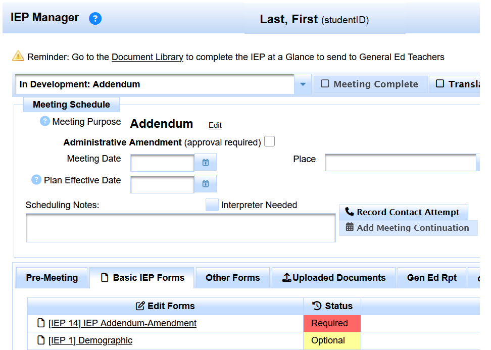 SIRAS Addendum Amendment Forms Manager showing forms available for the current Amendment