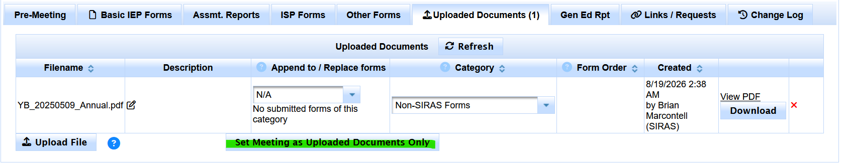 SIRAS Uploaded Documents area showing Set Meeting as Uploaded Documents Only after the PDF is uploaded