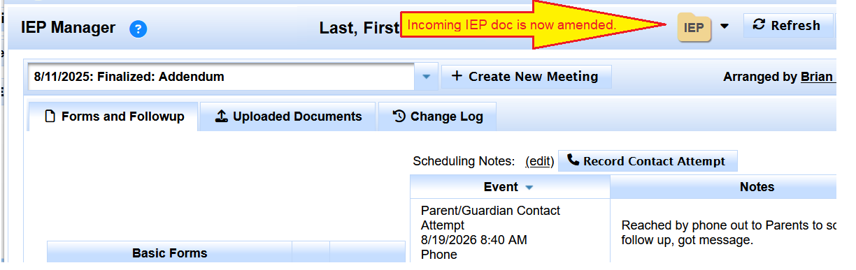 Most Recent Approved IEP view showing the inherited placeholder PDF combined with the newly finalized SIRAS Amendment