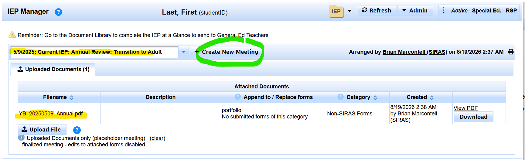 Student meeting history showing the inherited outside IEP represented as a finalized placeholder meeting