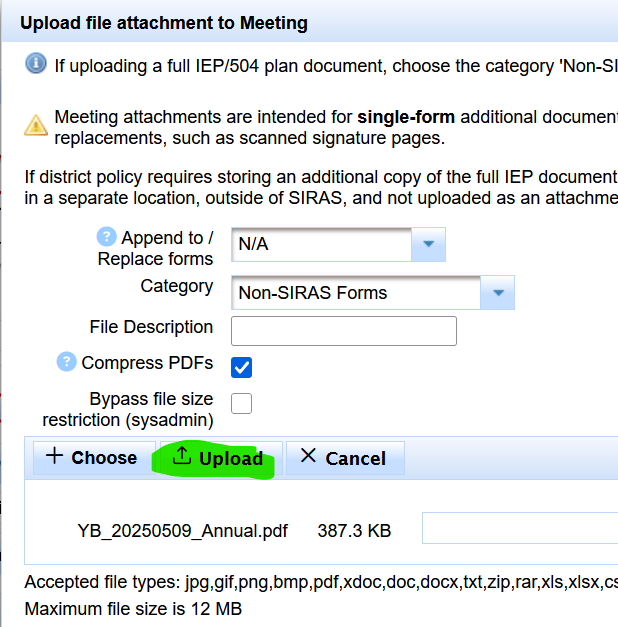 SIRAS file upload dialog used to choose the inherited PDF from the local computer