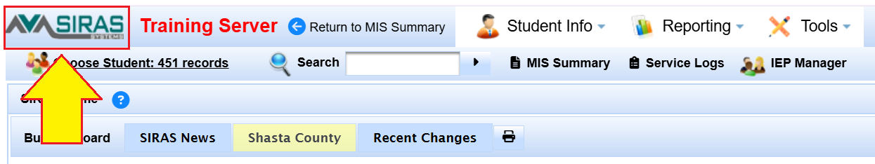 SIRAS Home Page header showing the SIRAS Systems logo and top navigation