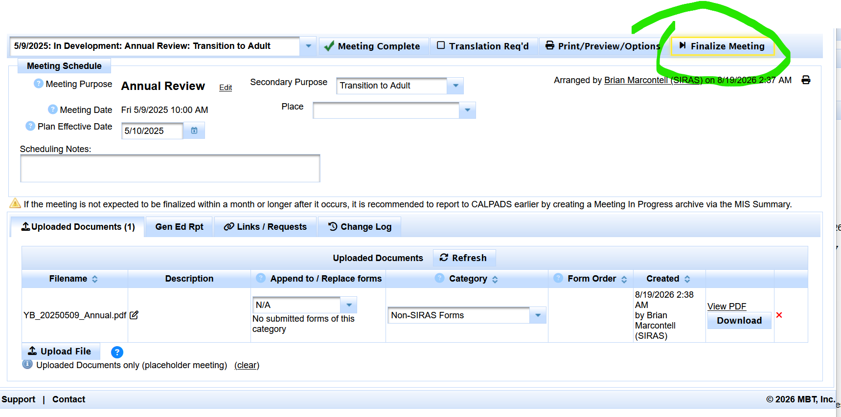 SIRAS finalization screen for a placeholder meeting with the outside PDF attached