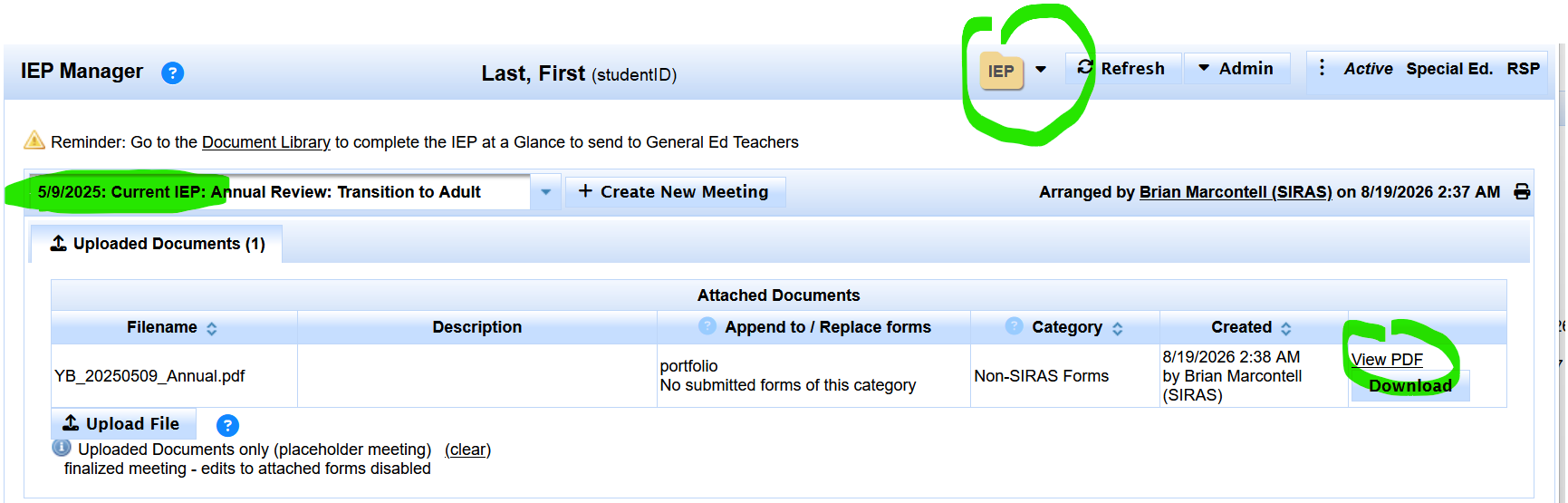 SIRAS meeting history after the inherited outside plan was added as a finalized placeholder
