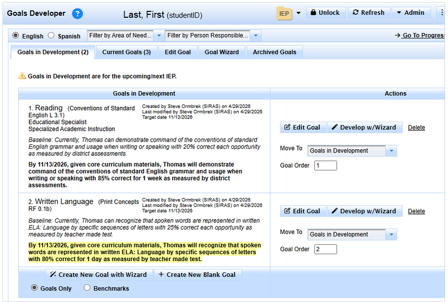 IEP Manager goal form populated from the goal saved in Goals Developer